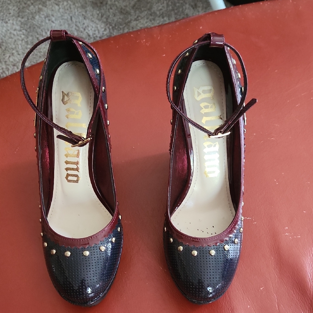 John Galliano Dark Blue and Merlot Wedge Shoes with Studded Details